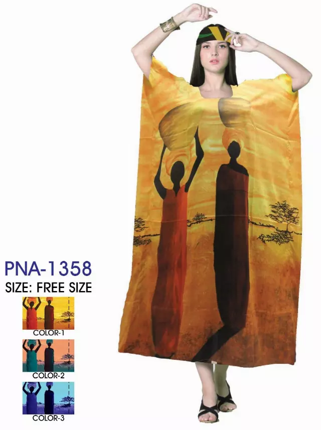 PNA-1358 - Women's Colorful Lady Figure Print Long Kaftan Dress - One Size (12-PCS 0PRE-PACK-$6 Each)