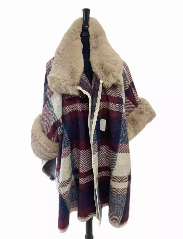 TX523 Faux Fur Plaid Cape — Beige