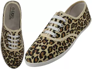 W5201 - Wholesale Women's "Easy USA" Canvas Gold Leopard Printed Lace Up Shoes — Gold Leopard Printed (W5201) / 5-10 Assorted