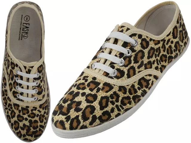W5201 - Wholesale Women's "Easy USA" Canvas Gold Leopard Printed Lace Up Shoes — Gold Leopard Printed (W5201) / 6-11 Assorted