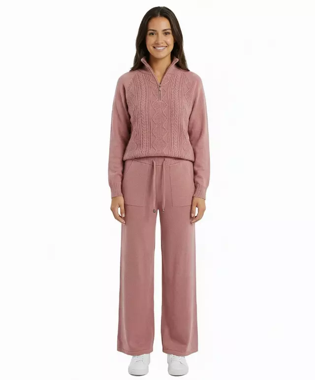Cable-Knit Quarter-Zip Sweater & Wide-Leg Lounge Set #101 — Coral / S/M-L/XL