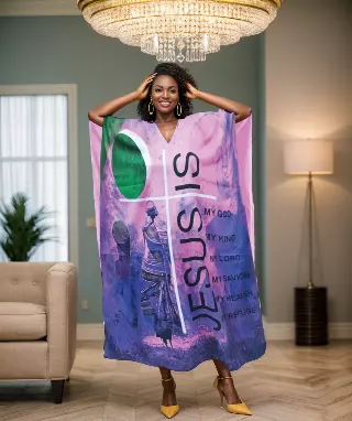 PNA-1527 - Women's Colorful Lady Face Print With Verbiage JESUS Kaftan Dress - One Size (6-PCS PRE-PACK-$7 Each) — One Size (4-24) / Print-1527A