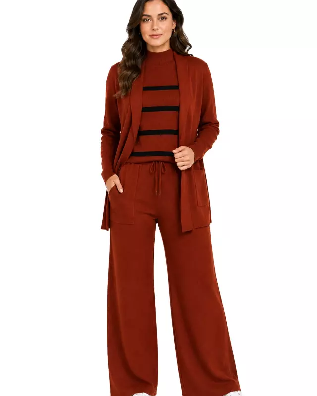 Women's 3-Piece Ribbed Knit Loungewear Set #105 — Rust / S/M-L/XL