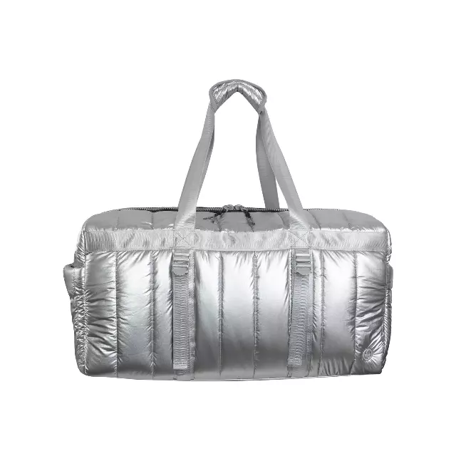 Joan & David 22" Metallic Puffer Tubular Quilted Nylon Travel Weekender Duffel — 331-CHROME