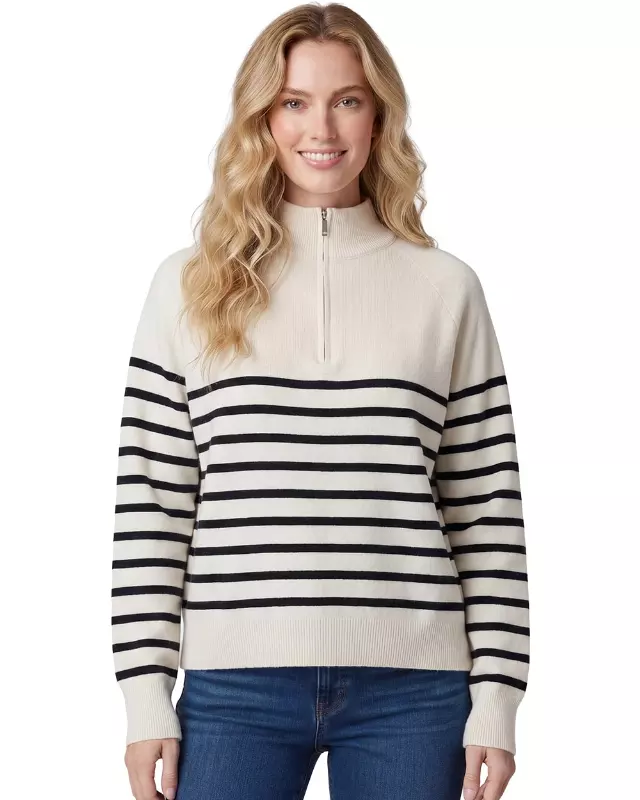 Ladies Quarter Zip Striped Sweater #03 — Beige / S/M-L/XL