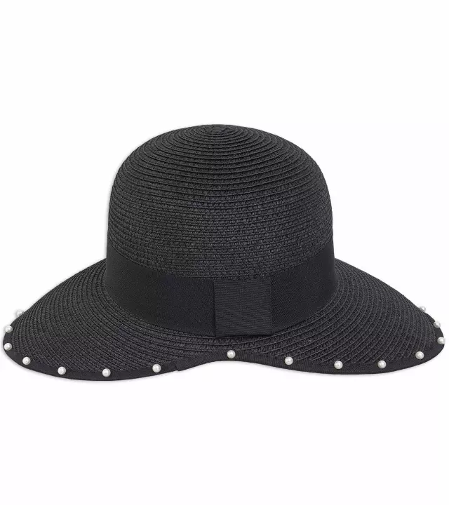 Magid Pearl Brim Ribbon Straw Garden Hat — BLACK