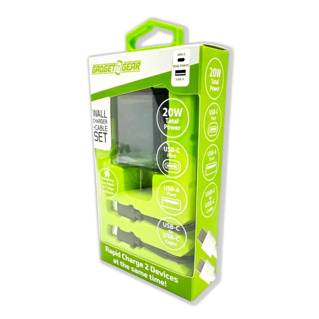 AC Wall Charger Dual USB / USB-C Ports with USB-C to USB-C Charging Cable Set 20 Watts - 3 Pieces Per Set 24628
