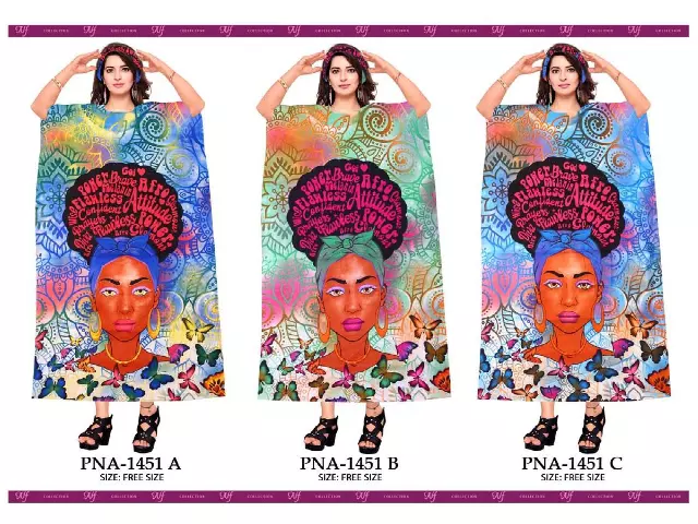 PNA-1451 Women's Digital Print Long Comfortable Kaftan Dress with Headwrap- One Size (6-PCS PRE-PACK) - $7 Each — One Size (4-24) / Print-1451B