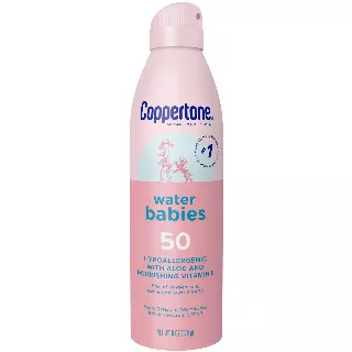 Coppertone WaterBabies Baby Sunscreen Spray SPF 50, 6 OZ | Spray Sunscreen for Baby with Aloe Vera, Water Resistant, Hypoallergenic, PABA, Oxybenzone, Octinoxate and Dye Free