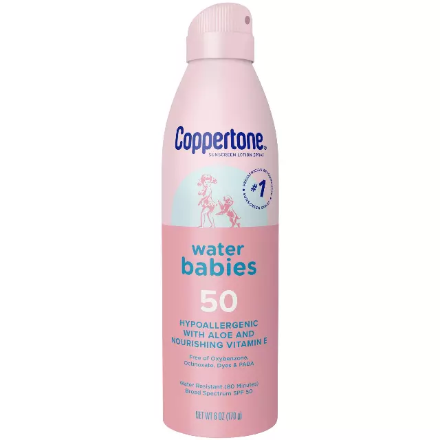 Coppertone WaterBabies Baby Sunscreen Spray SPF 50, 6 OZ | Spray Sunscreen for Baby with Aloe Vera, Water Resistant, Hypoallergenic, PABA, Oxybenzone, Octinoxate and Dye Free