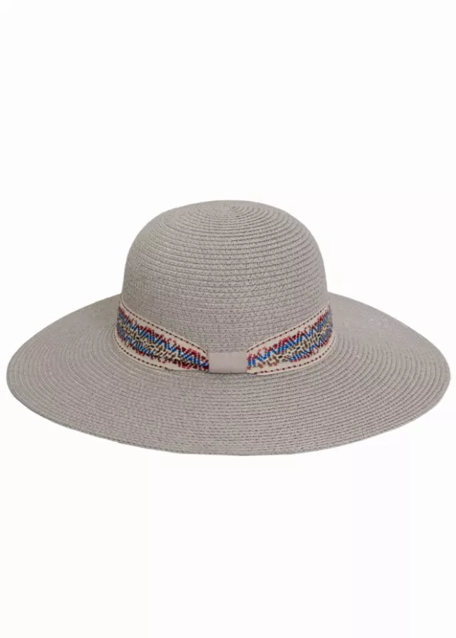 Adrienne Vittadini Straw Geometric Band Floppy Hat — GREY