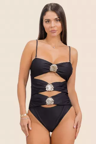 Y8842 Golden Seashell Cutout Monokini One Piece — Black