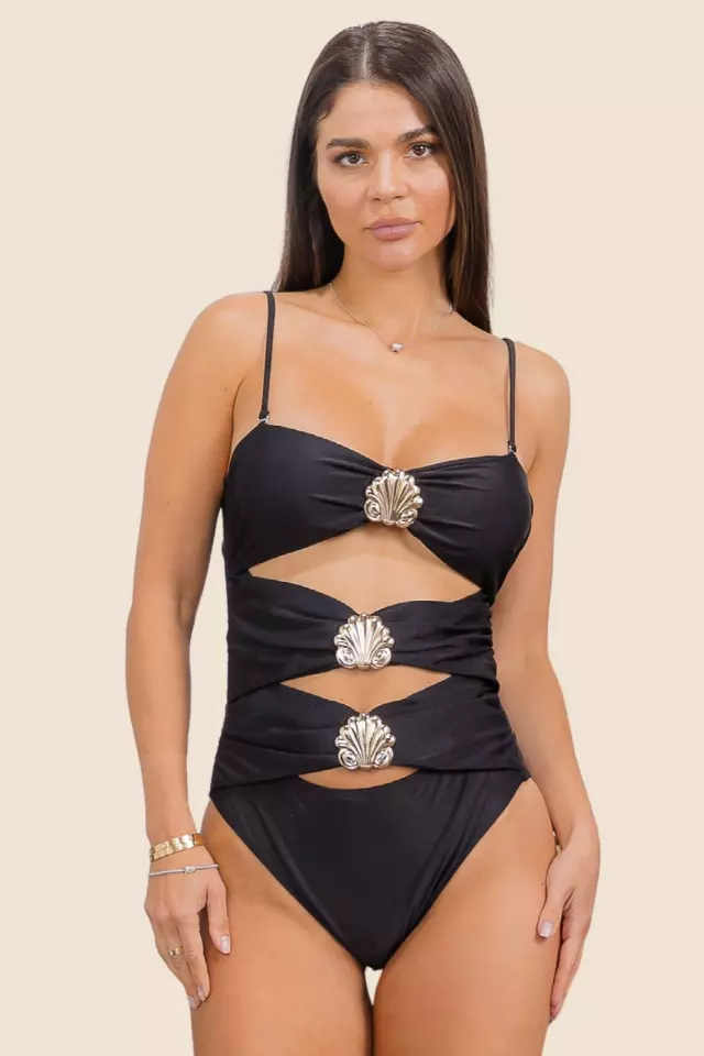 Y8842 Golden Seashell Cutout Monokini One Piece — Black
