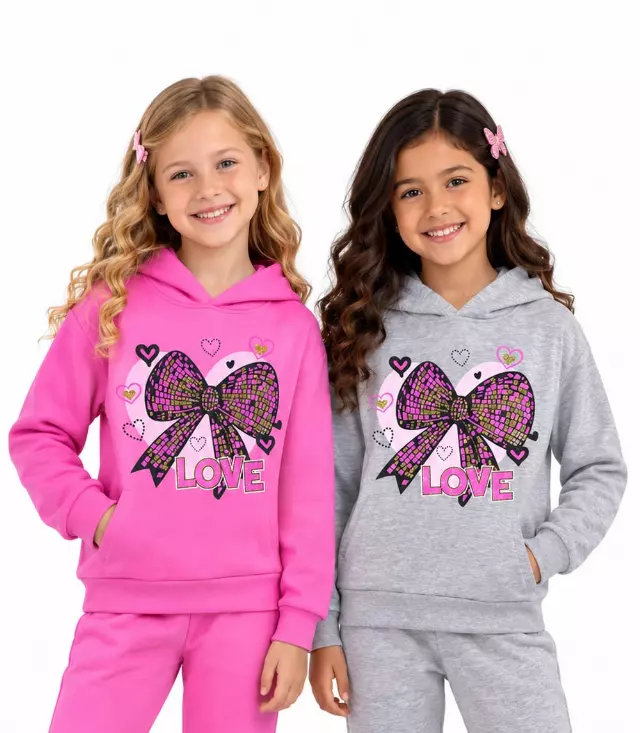 Girls Pink Bow with Heart Screen Pull On Hoodie & Jogger Set – 8684604