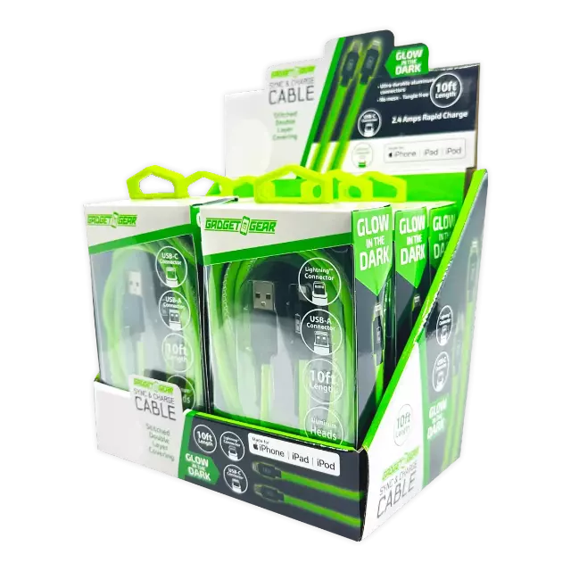 Charging Cable Glow in The Dark Assortment 10FT - 6 Pieces Per Retail Ready Display 25113