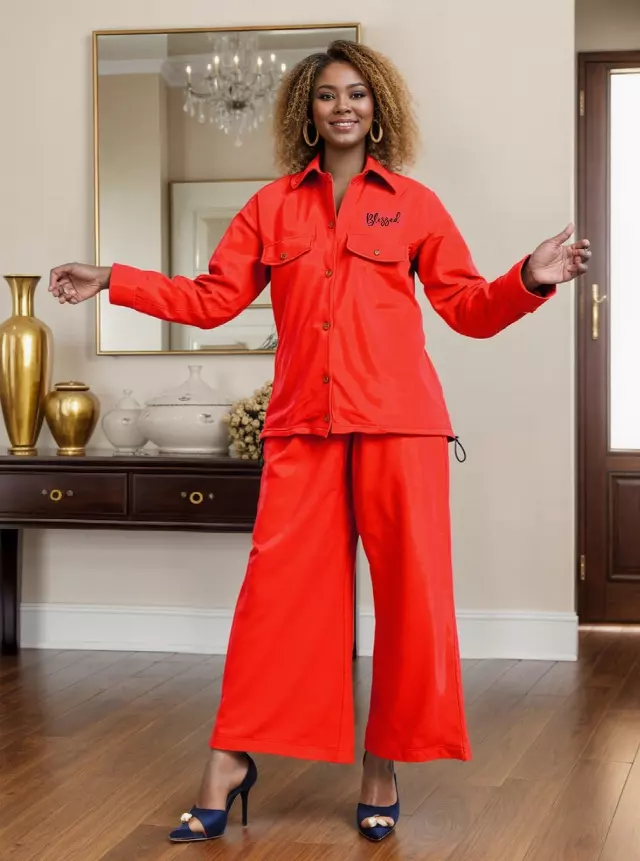 NLM-FL02 - 2-Pcs "BLESSED" Collared button down Top & Pant Set - $25.00 Each (3 pcs per pack) — Red