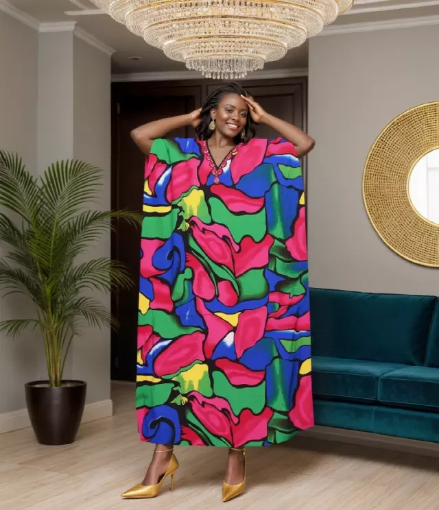 PNA-1464 - Women's Comfy Kaftan Dress with Headwrap- One Size (6-PCS PRE-PACK) - $7 Each — One Size (4-24) / Print-1464A