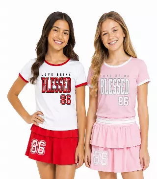 GIRLS PINK Rib on Neck and Sleeve Blessed Screen on Top Ruffle Skirt W Short Inside - 2475527