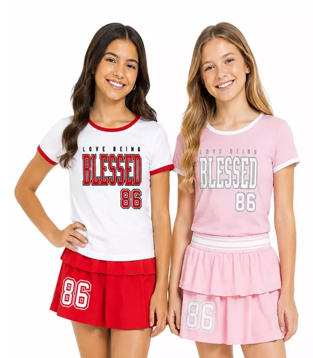 GIRLS PINK Rib on Neck and Sleeve Blessed Screen on Top Ruffle Skirt W Short Inside - 2475527