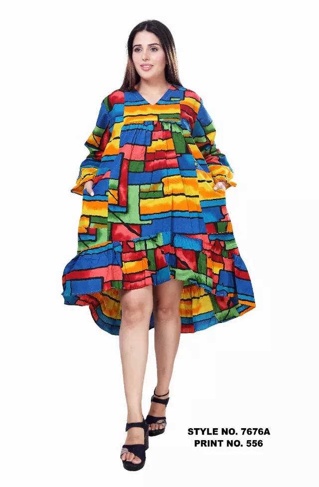 7676 A - ON SALE!!! PRINTED BOTTOM FRILL DRESS (3 PCS PRE-PACK) - $15.00 EACH — One Size (4-24) / Print-556