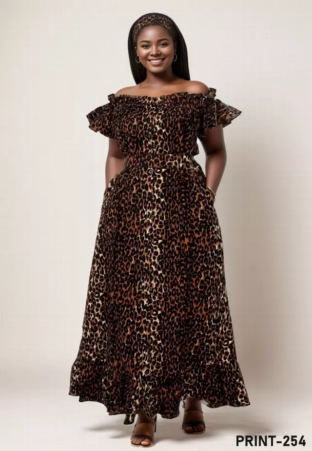 7807- Off-Shoulder Authentic African Long Dress (3 PCS PRE-PACK) - $20.00 EACH — One Size (4 - 24) / Print-254