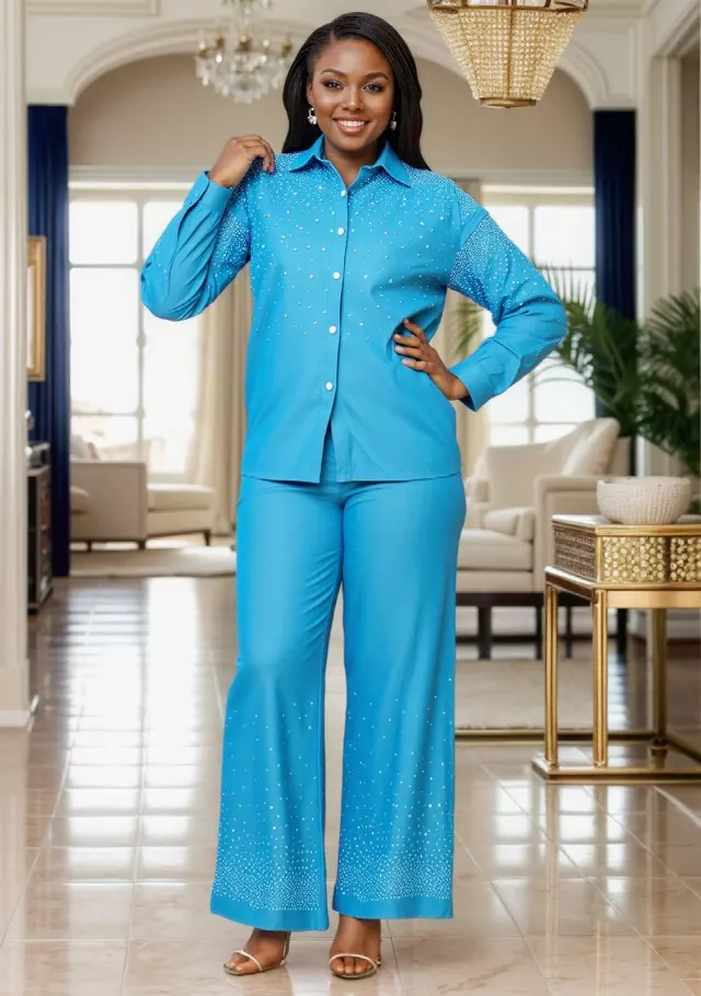 25041 - 2-Pcs Button Down Collared Top & Pant Set - $30.00 Each (3 pcs per pack) — Blue