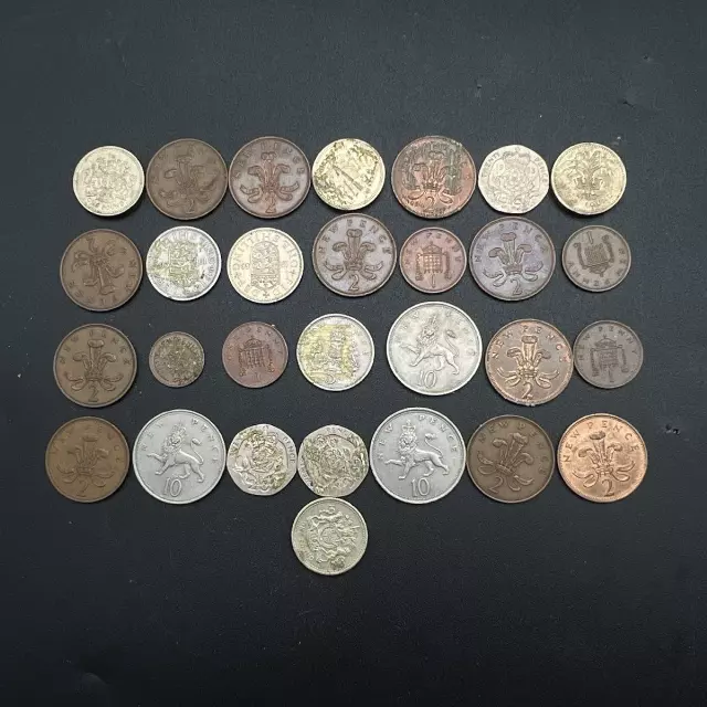 Vintage British Coin Lot 29 Pieces Mixed Denominations Elizabeth II Glue Residue