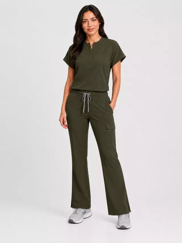 Rhea | Mandarin Collar Top with 10-Pocket Boot Cut Pant Set — Military Green / 3XL