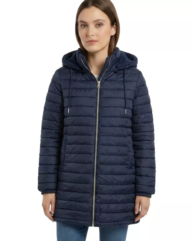 Women’s Longline Hooded Puffer Jacket with Sherpa Lining #22 — Navy / S-M-L-XL