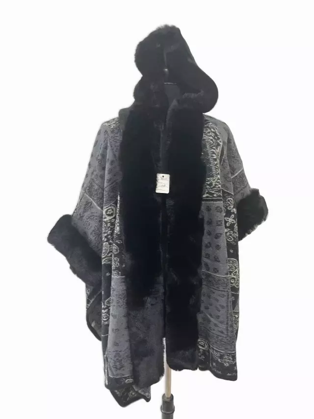 TX515 Faux Fur Cape with Hoodie — Black