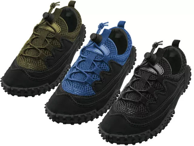 M1188 - Wholesale Men's "Wave" Nylon Upper with Shoelace Quick Drying Water Shoes — Assorted - All Balck, Black/Olive & Black/Royal Blue (M1188) / 7-13 Assorted