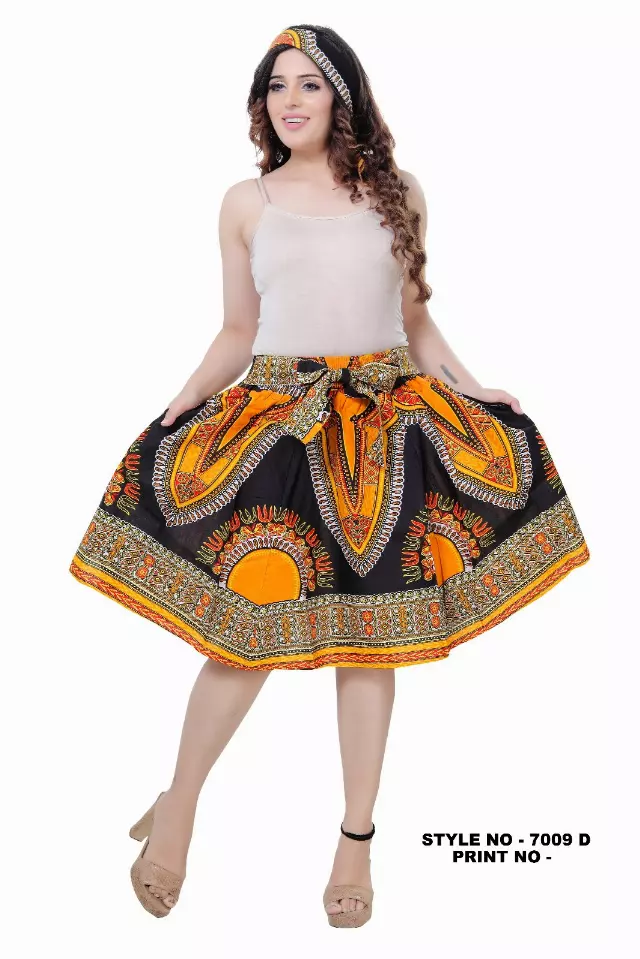 7009 - Ankara Skirt Dashiki Print African Wax Skirt (3-PCS PRE-PACK) - $15.00 Each — One Size (4-18) / BK/GOLD / 3-Pcs Per Pack
