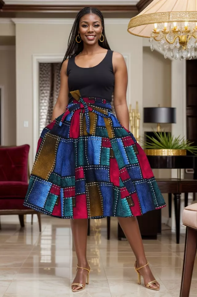 7012 - NEW PRINTS!! African Print Mid Length Skirt 28" (3/pk_ Free Size - $18.00 Each — One Size / Print-604B