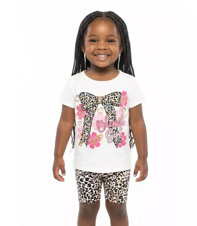 GIRLS PINK Bow Blessed Girl Screen Top and Animal Print Biker Legging Set - 2203304