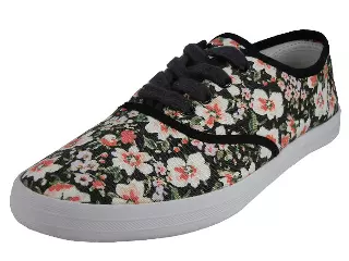 U3033L - Wholesale Women's Black Flower Printed Lace Up Canvas Shoe