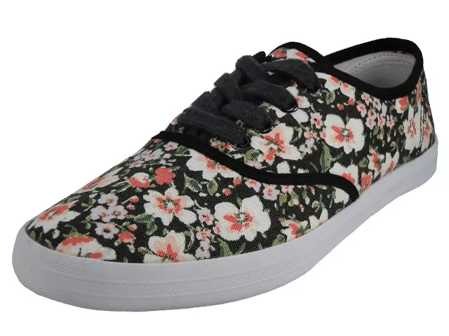 U3033L - Wholesale Women's Black Flower Printed Lace Up Canvas Shoe