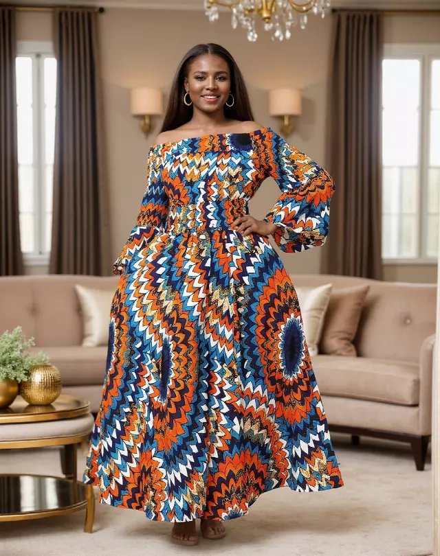 7556 -NEW PRINTS ALERT!!!! Off Shoulder Maxi Dress in Ankara Prints - $25.00 Each (3 pcs per pack) — Free Size / Print-480