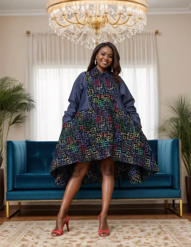 7885D - Authentic African Denim & Printed Button Down Tunic Dress (3 PCS PRE-PACK) - $25.00 EACH