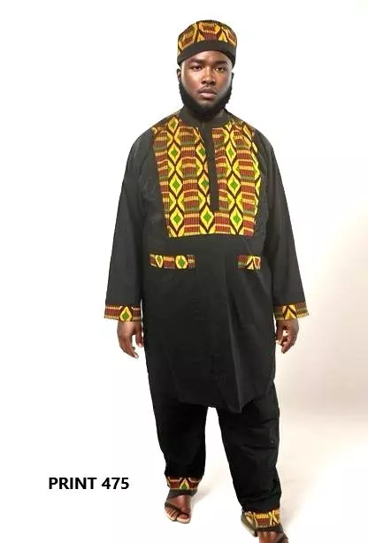 18035LS- Men's Ankara 3 pc Set (Top, Pants & Kufi) - (3 Per Pack) - $25.00 EACH — One Size Fits Most / BLACK-475