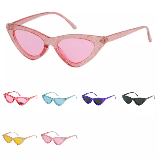 Girls' Retro Glitter Cat-Eye Sunglasses – Narrow Vintage 90s Sparkle Frame K10369