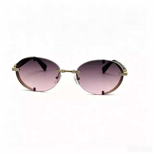 Vintage Inspired Oval Rimless Sunglasses with Engraved Metal Accents J11112