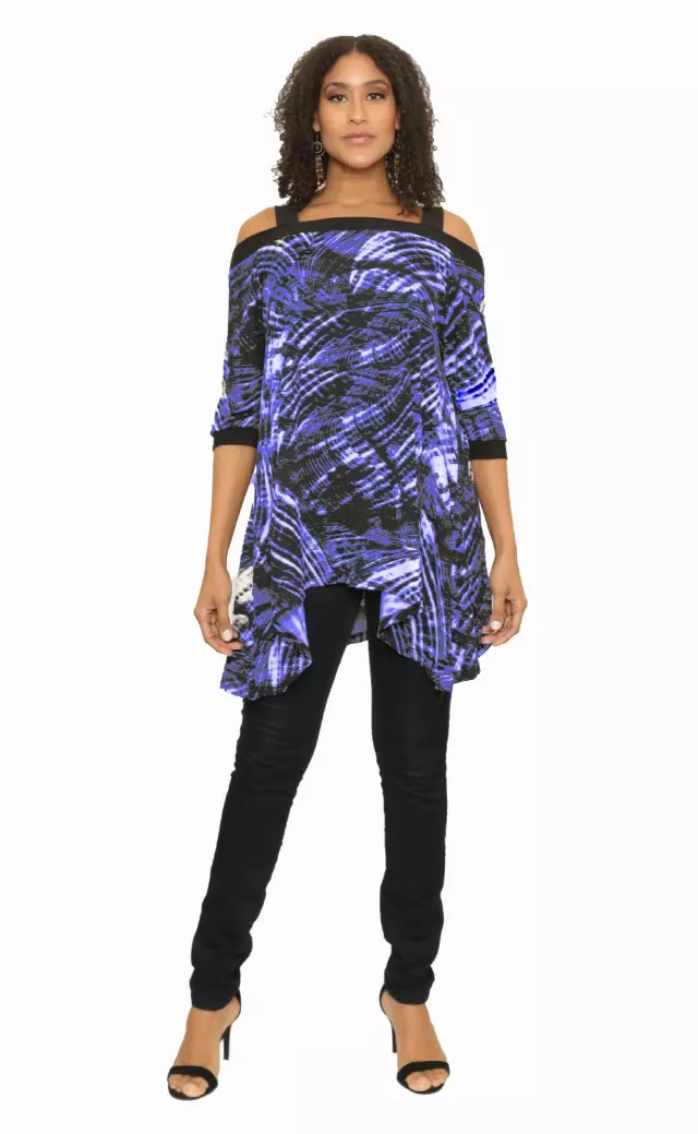 17052- Printed Lightweight Tie-Neck Stretch Tunic Top (6-PCS PRE-PACK - S/M/L/XL) — BLUE PRINT