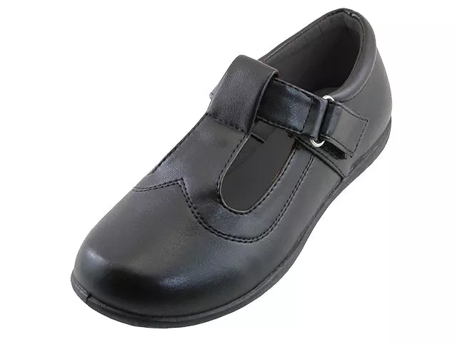 S5002-G - Wholesale Big Girl's "Easy USA" PU Upper T-Strap Velcro Mary Jane Black School Shoes