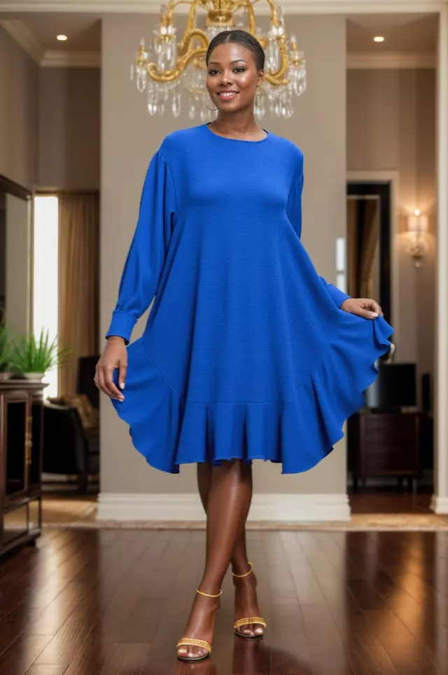 26011 -Women's Long Sleeves Elegant Midi Dress - $15.00 Each (3 pcs per pack) — Free Size / Royal Blue