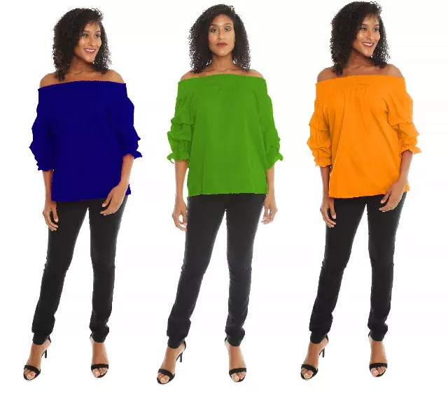 CHH-17068- Off-the-Shoulder Top with Ruffled Sleeves - One Size (12-PCS PRE-PACK)$13 Each — One Size (4-22) / ASSORTED