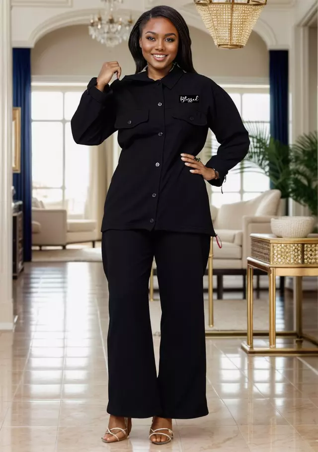 NLM-FL02 - 2-Pcs "BLESSED" Collared button down Top & Pant Set - $25.00 Each (3 pcs per pack) — Black