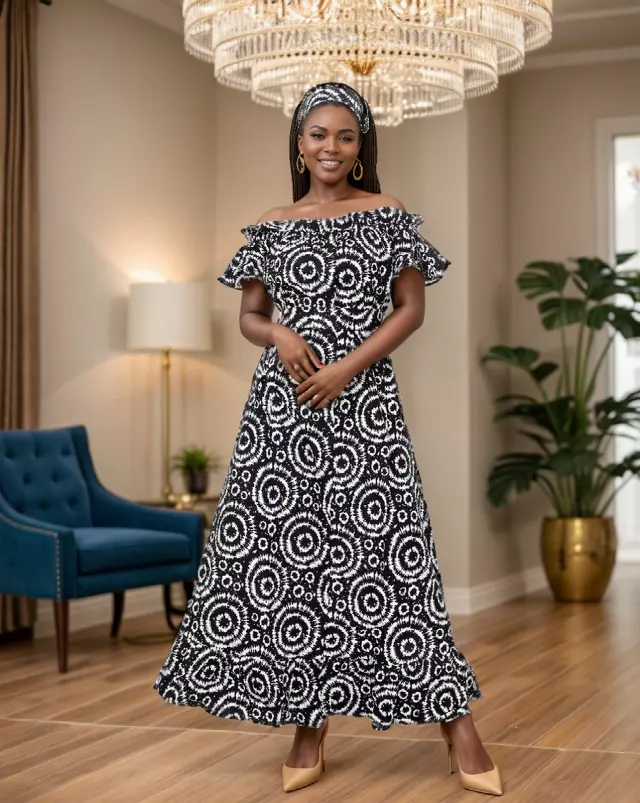 7807- Off-Shoulder Authentic African Long Dress (3 PCS PRE-PACK) - $20.00 EACH — One Size (4 - 24) / Print-630