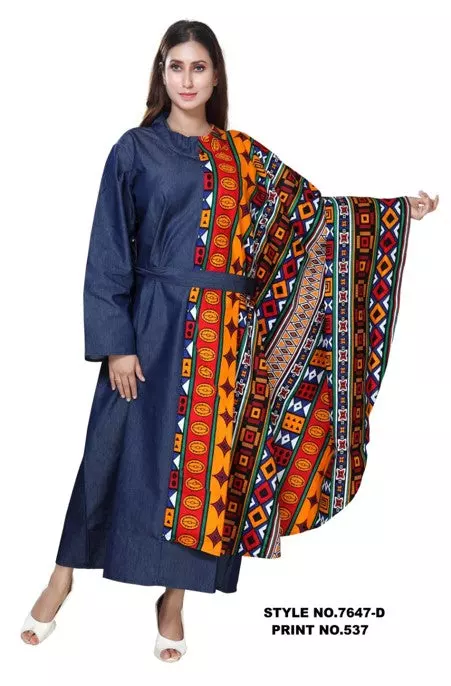 7647D Authentic African Print Capelet and Denim Belted Dress (3 PCS PRE-PACK) - $25 EACH) — One Size (4-24) / Print-537