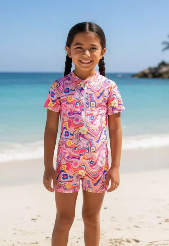 H3122 Kids Colorful Boho Pink Swimsuit — Pink / 6