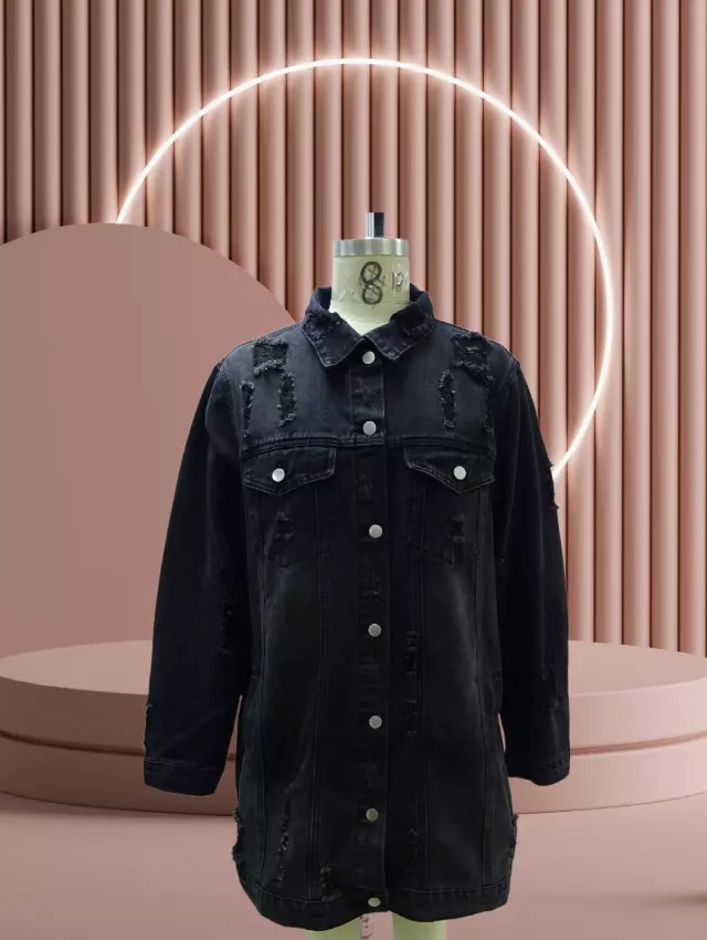 CHH-23049 - Women's Button Down Classic Distressed Frayed Denim Jacket - (3 pcs PRE-PACK) ($25 Each) — Plus Size / Black